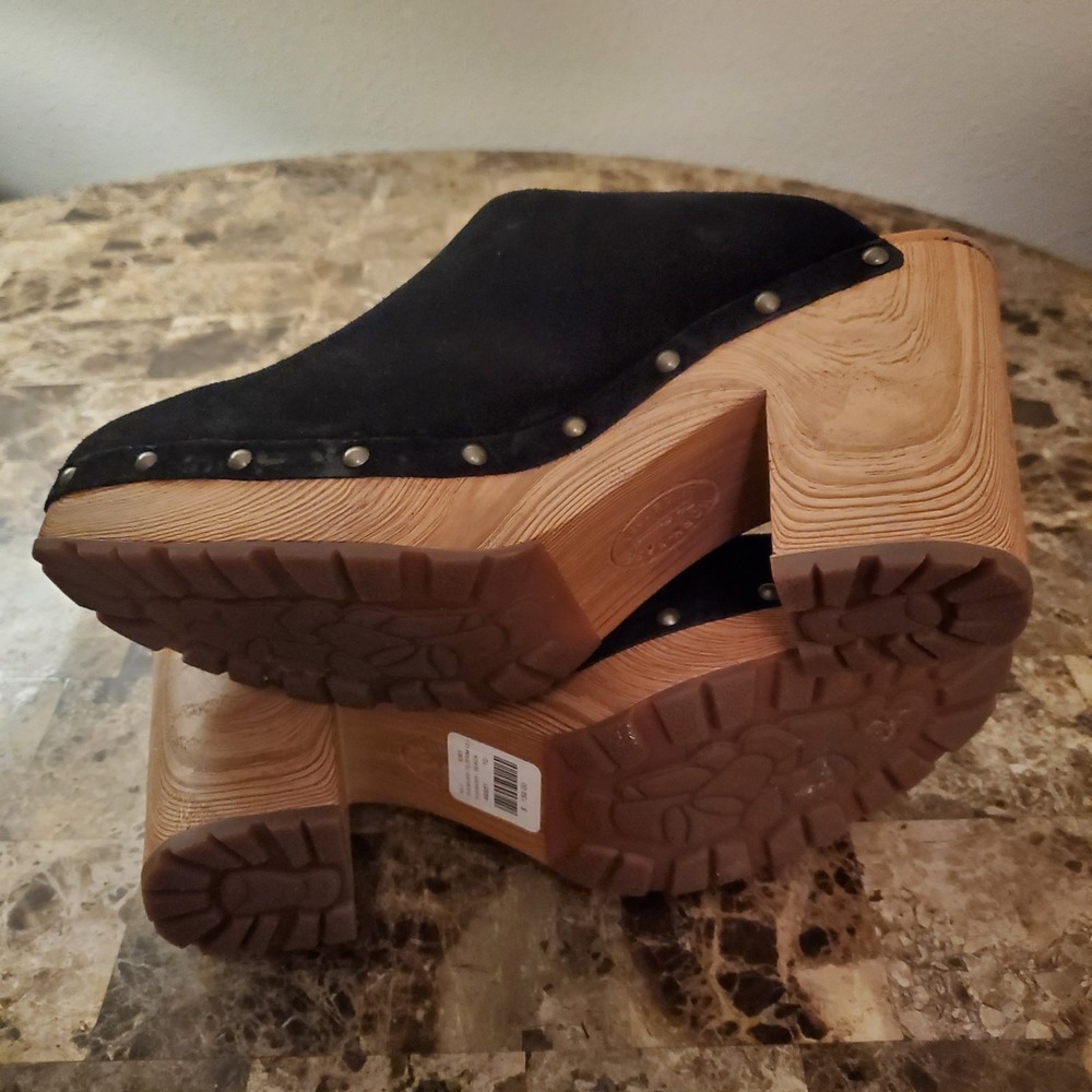 Kork Ease sz 10M black Suede Leather Clogs Studded faux Wood chunky heels retro - Picture 10 of 14